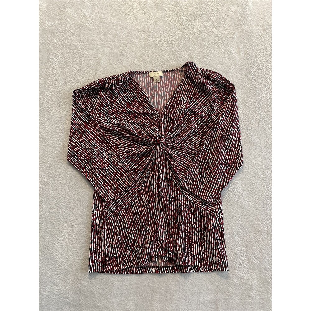 Yvos Shirt Women's Medium 3/4 Sleeve V-Neck Red Black Gathered Front